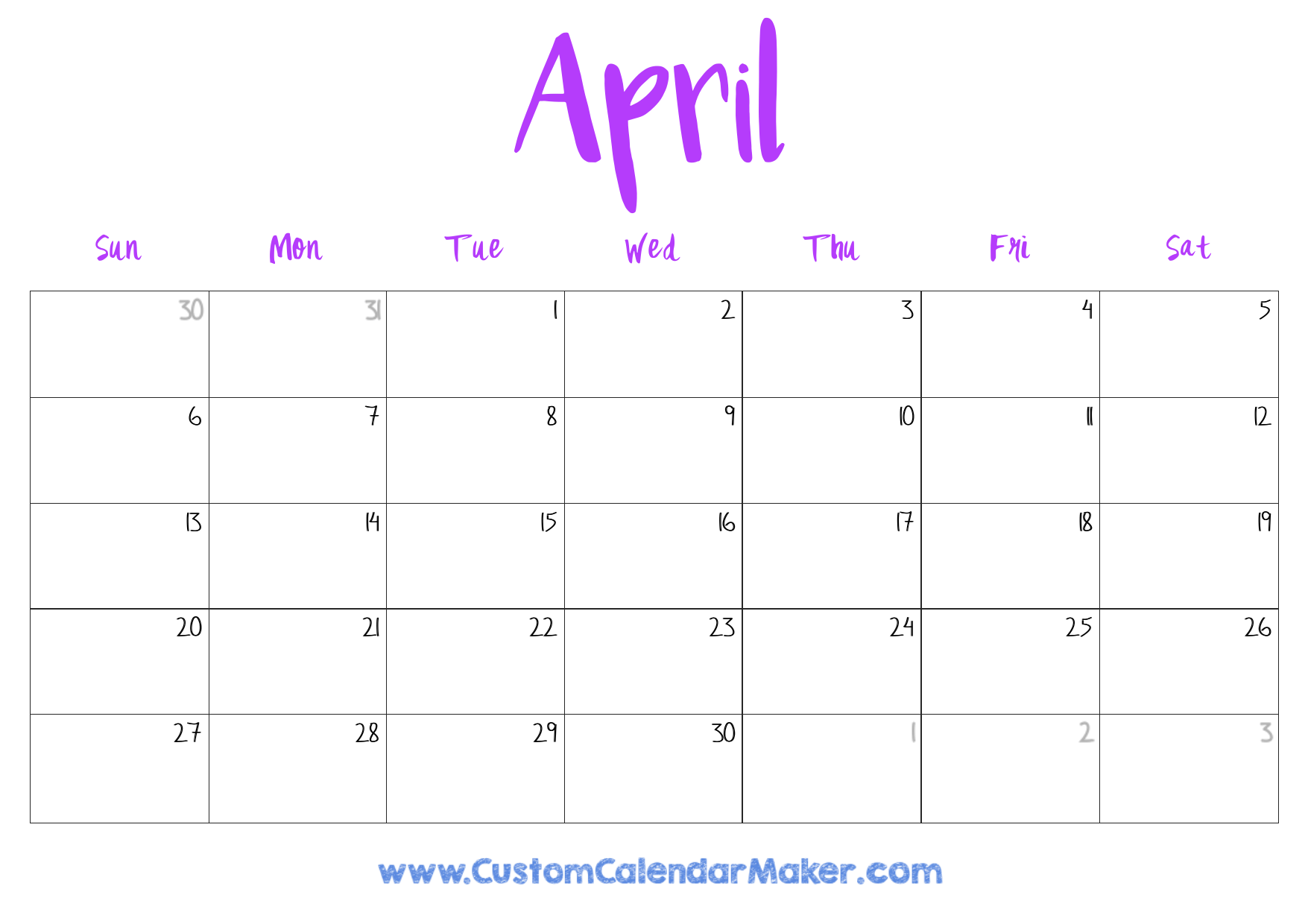 April Calendar Printable Blank