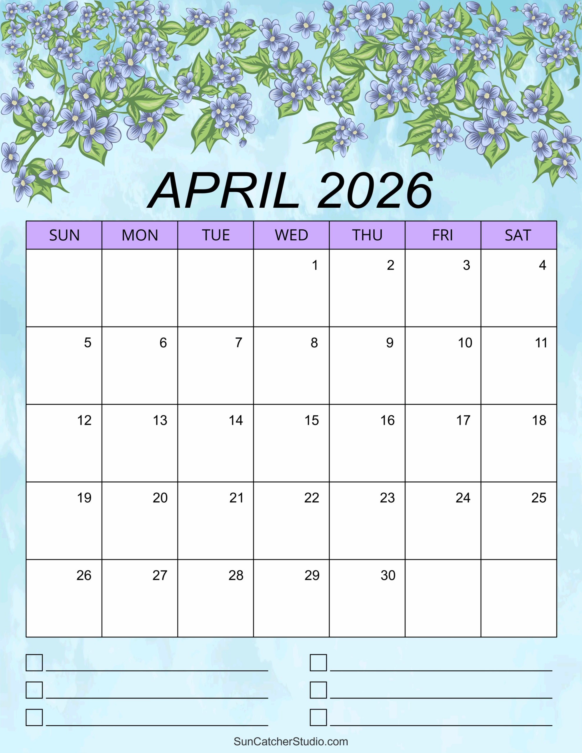 Free Printable Monthly Calendar April 2026