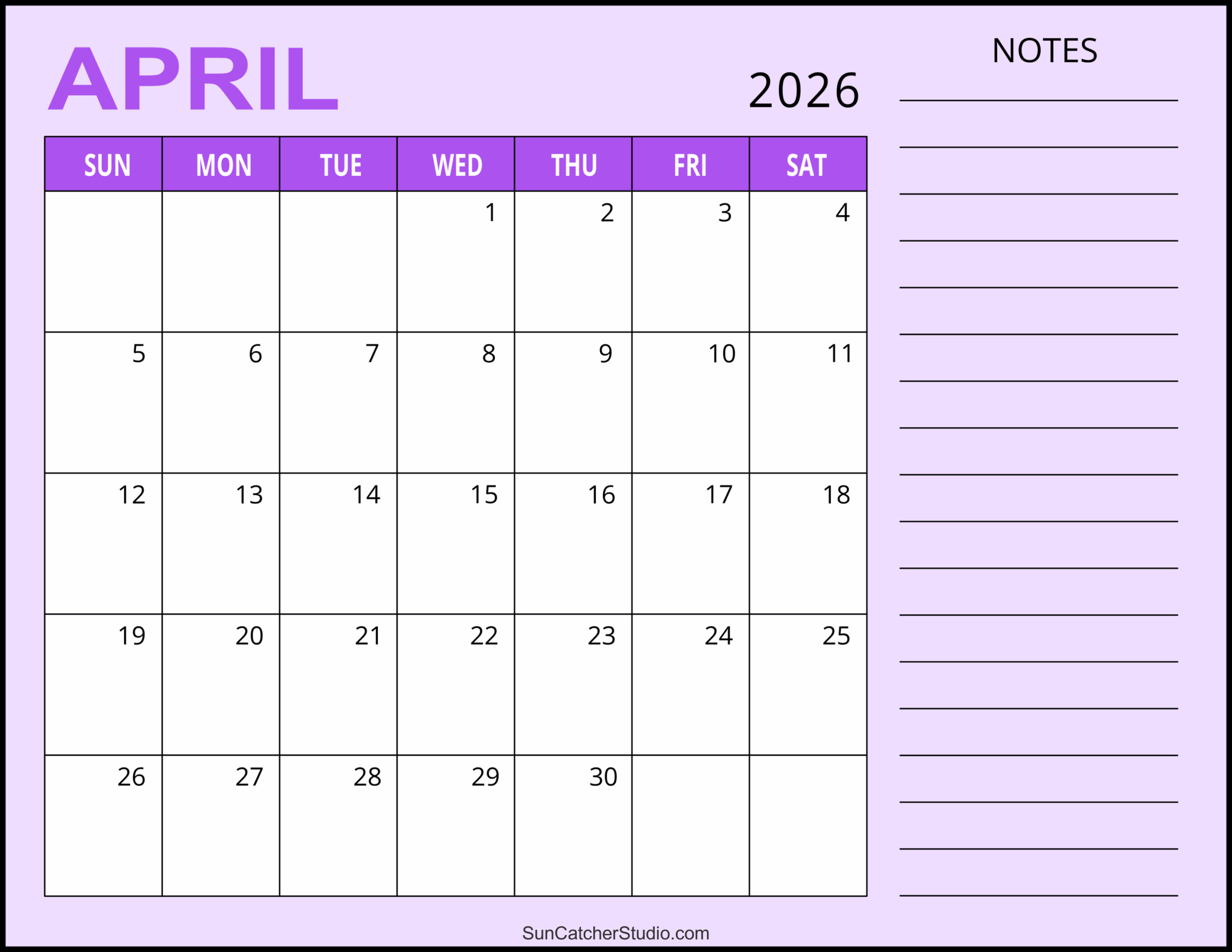 Free Printable April 2026 Calendar Template