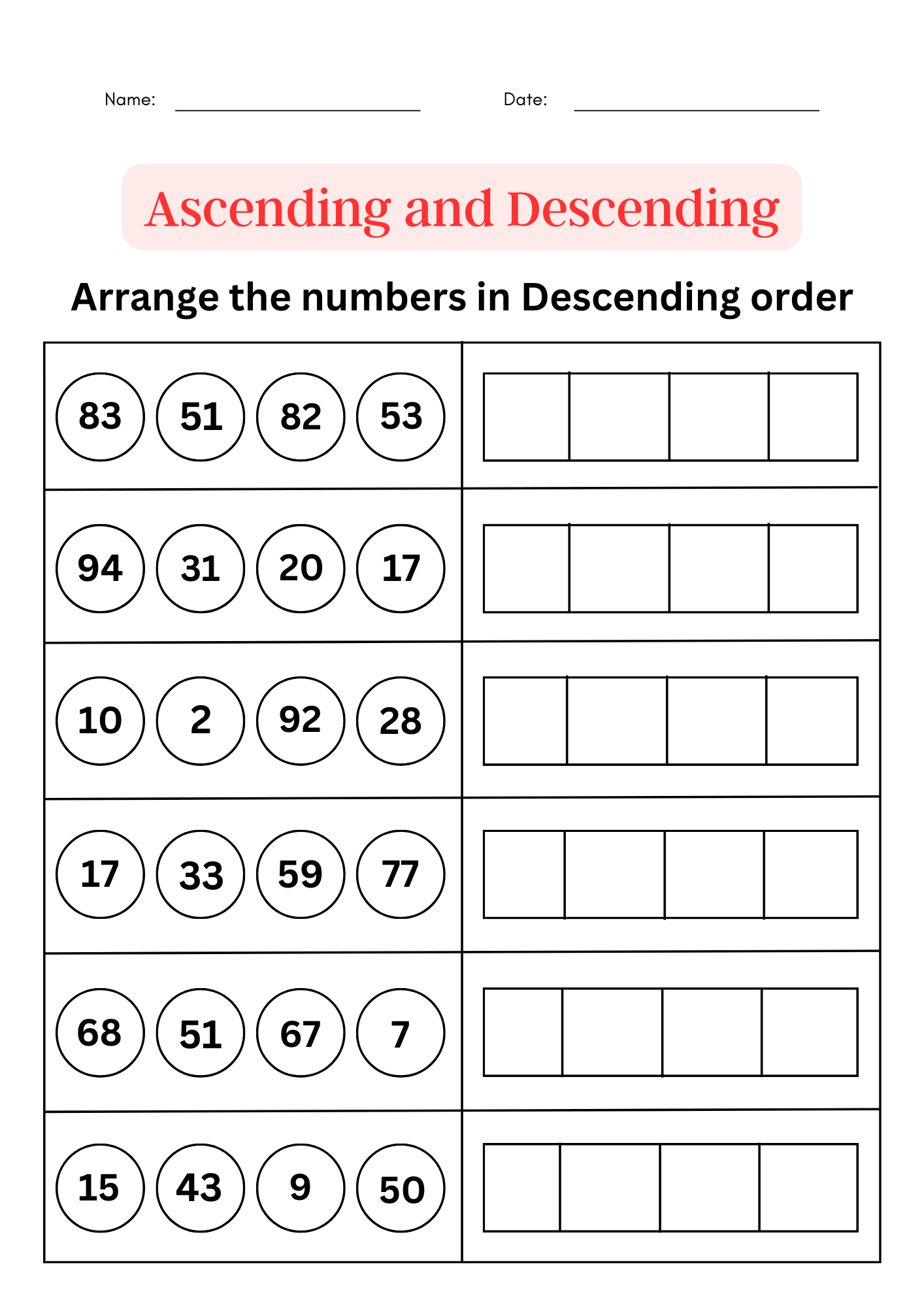 Ascending And Descending Order Worksheet 1 To 100 Ordering 