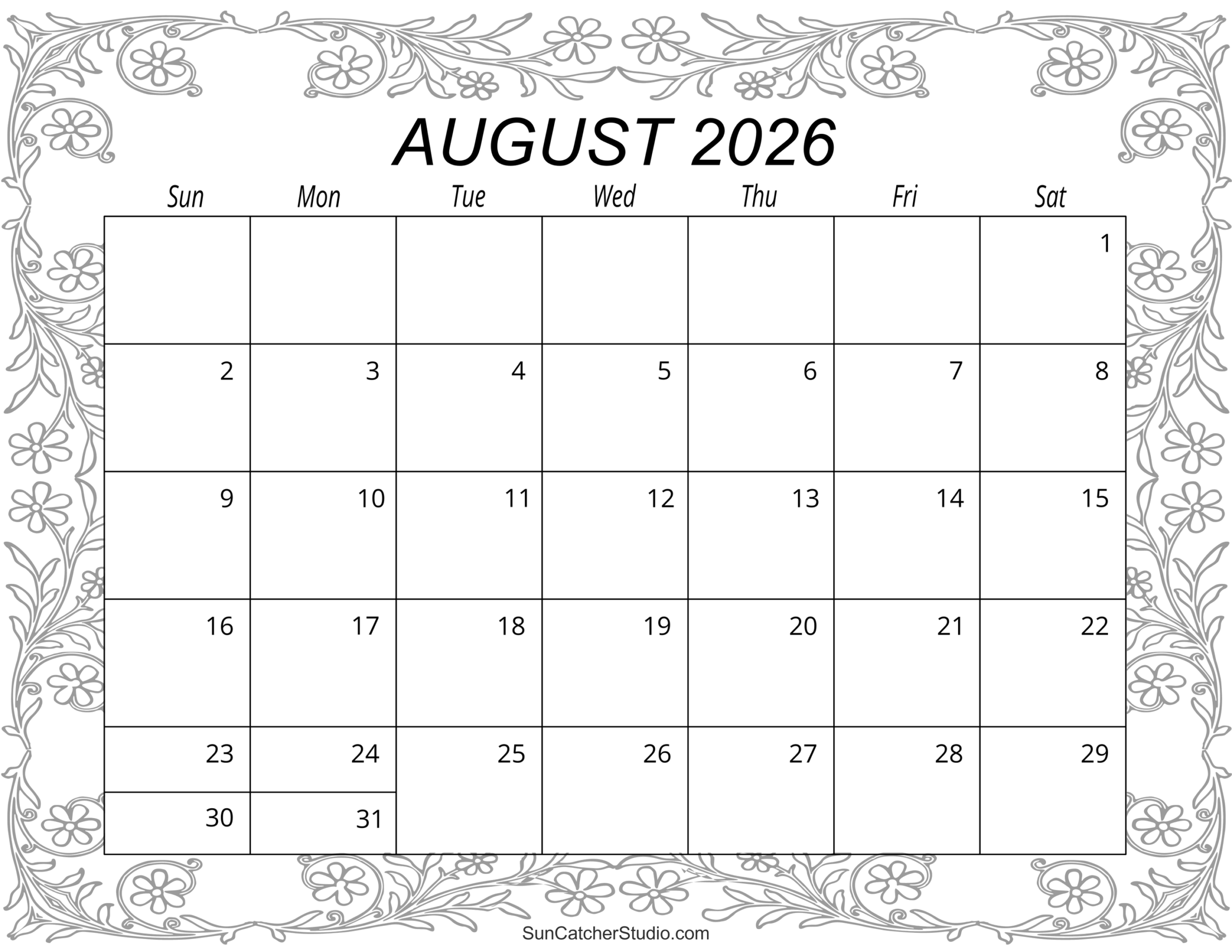 August Calendar 2026 Printable