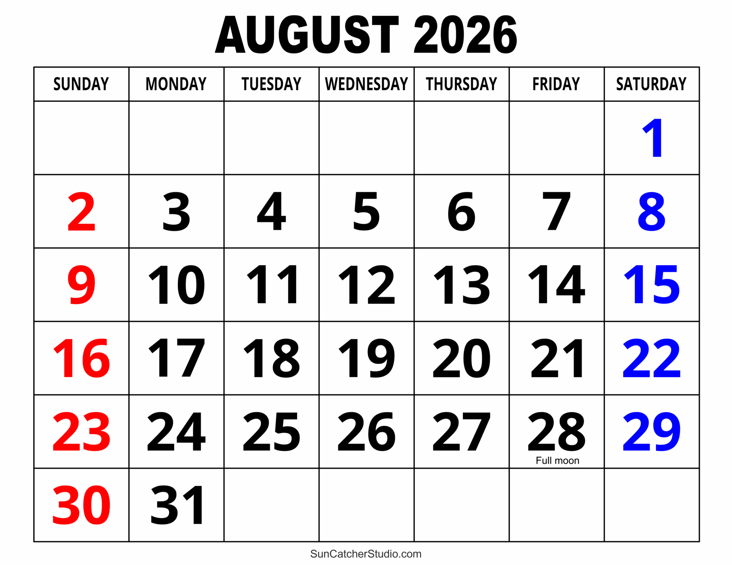 Printable Blank August Calendar 2026