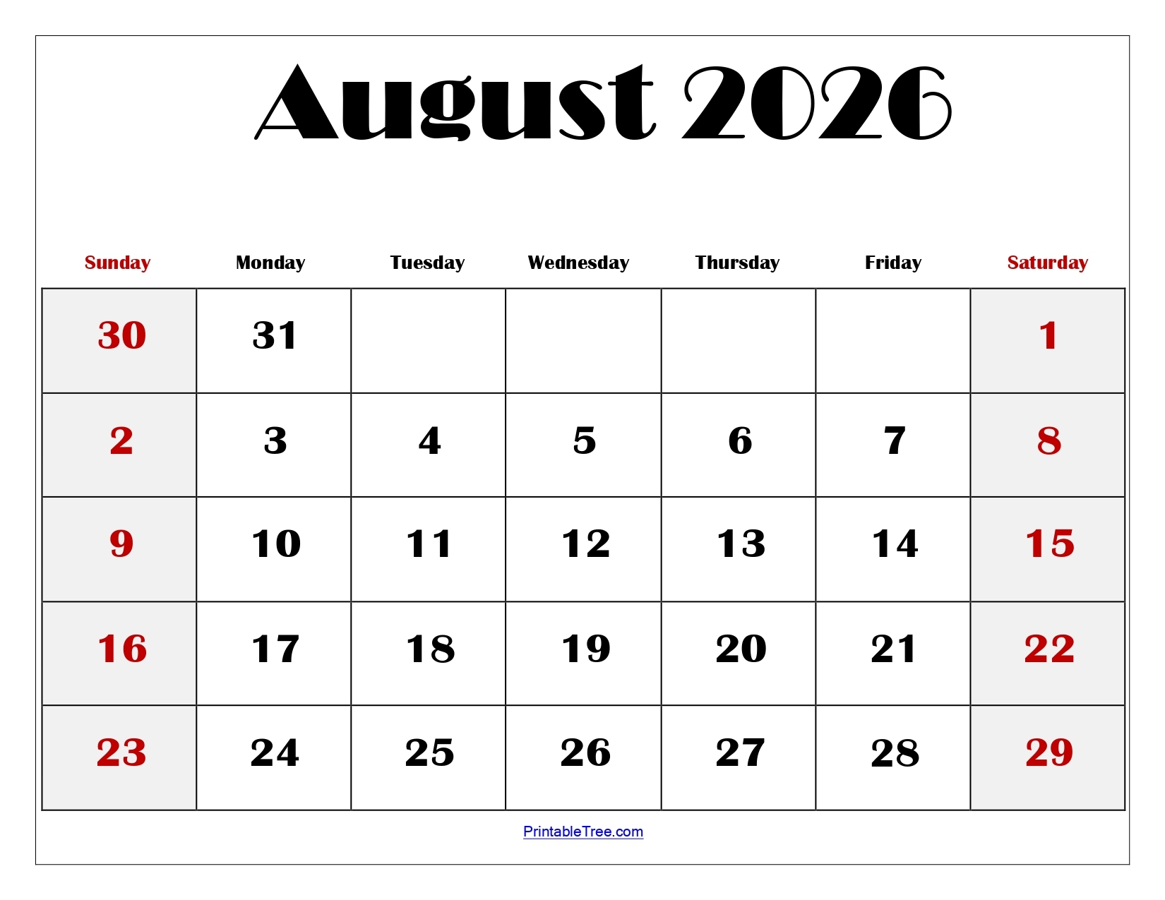 Printable Calendar 2026 August Blank