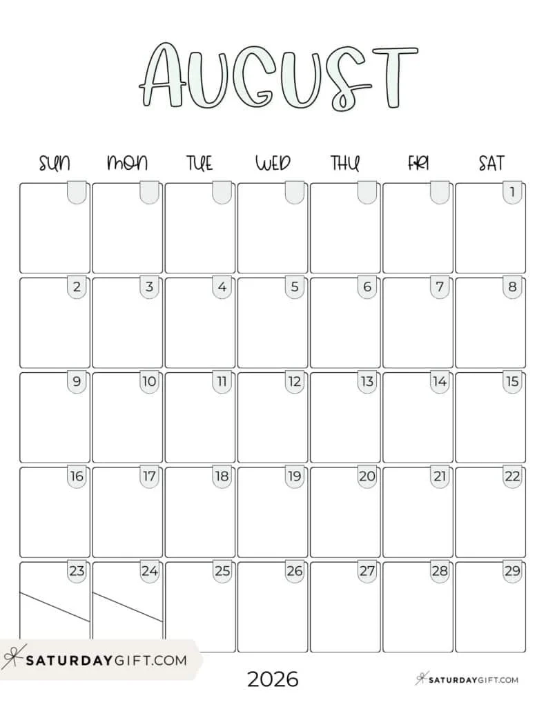 August Blank Calendar 2026 Printable