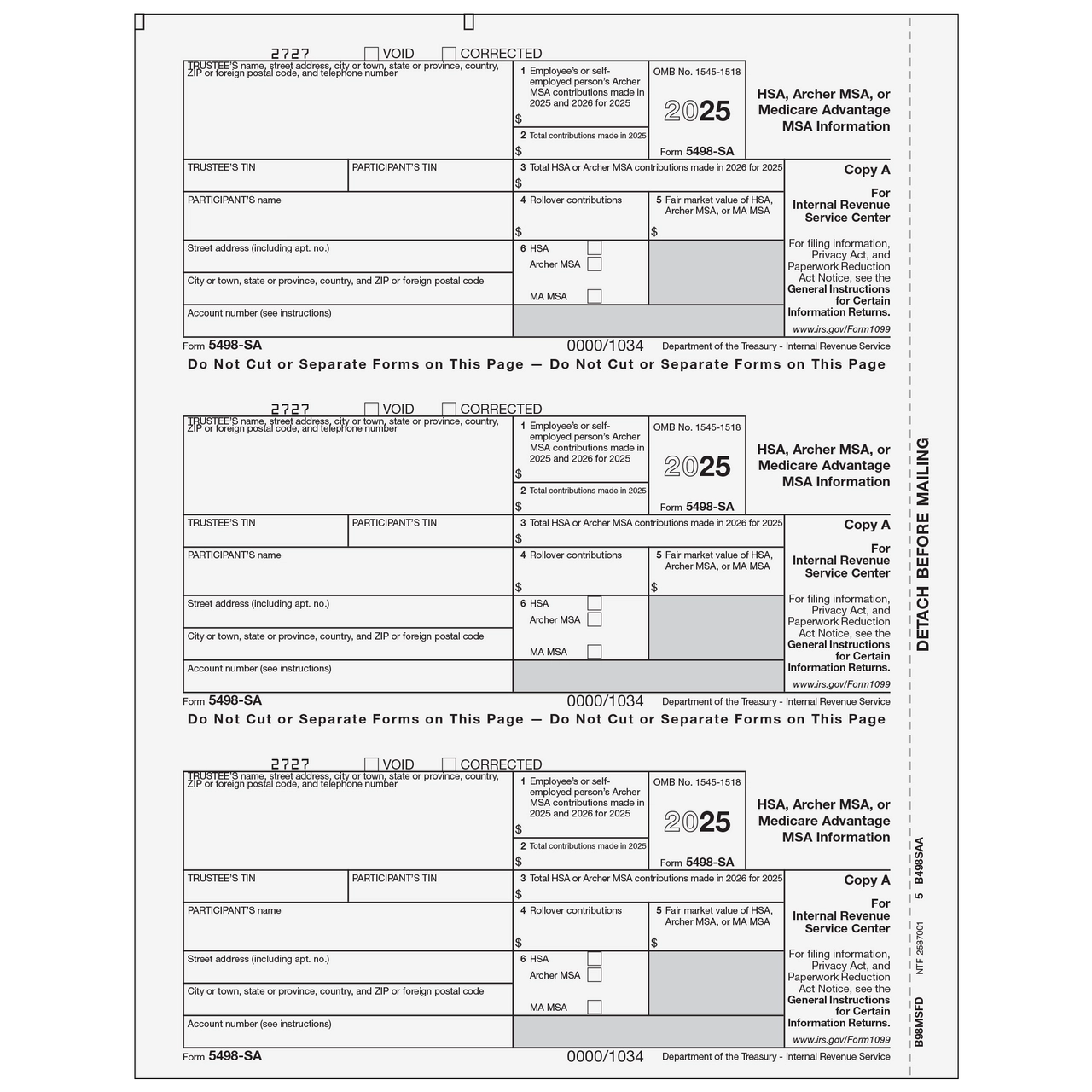 B98MSFD05 Form 5498 SA HSA Archer MSA Or Medicare Advantage 