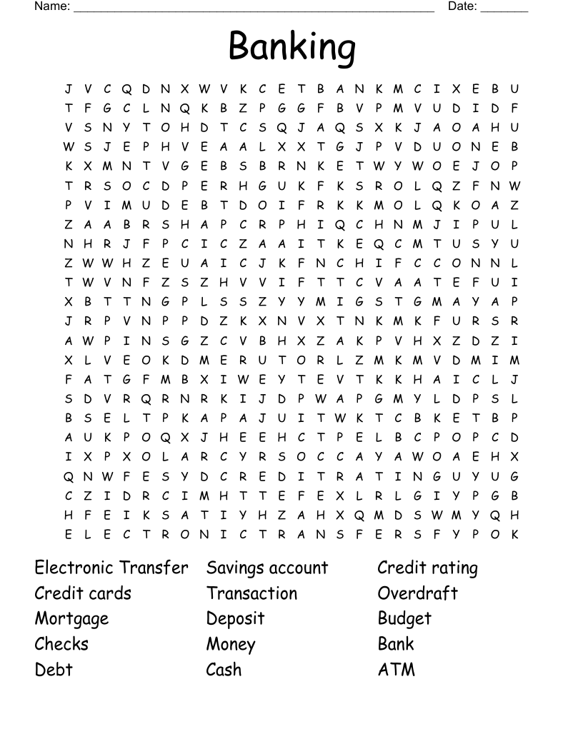 Banking Word Search WordMint