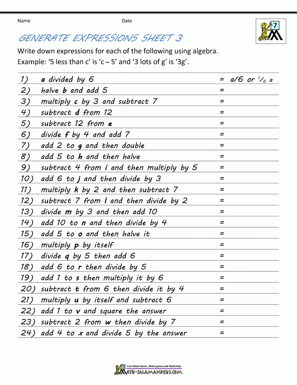 Printable Algebra Worksheets With Answers