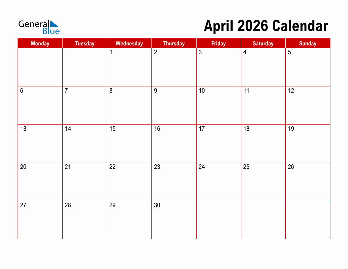 Basic Monthly Calendar April 2026 Monday Start