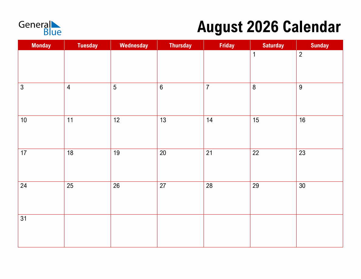 Basic Monthly Calendar August 2026 Monday Start