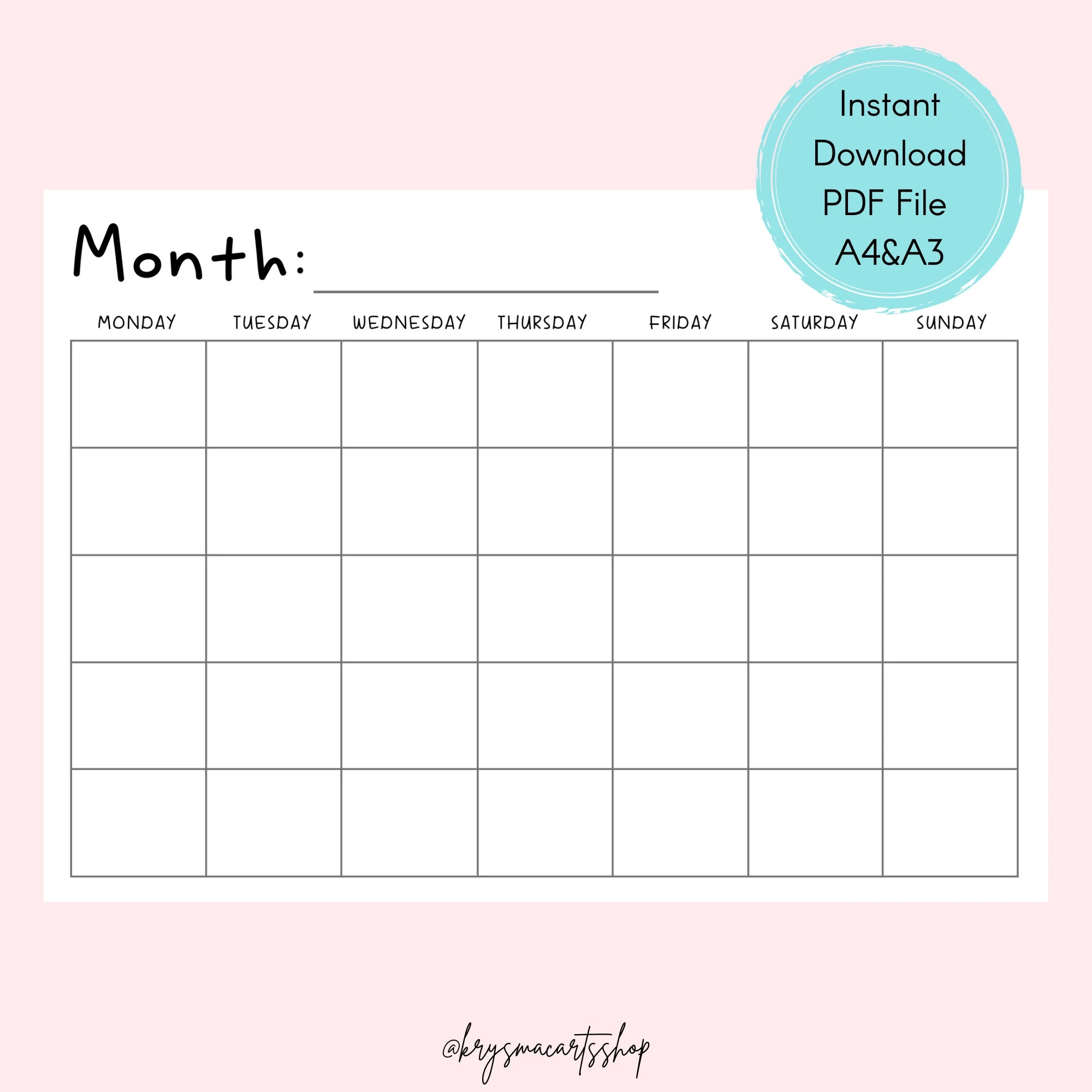 Blank Calendar Monday Start Horizontal Printable Simple Blank 