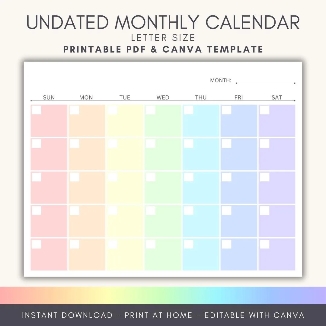 Blank Colorful Calendar Templates Etsy Australia