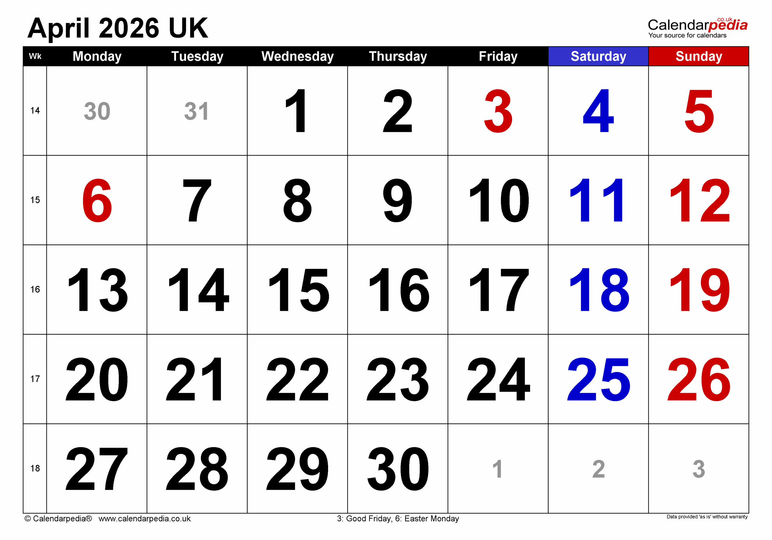 April 2026 Calendar Template