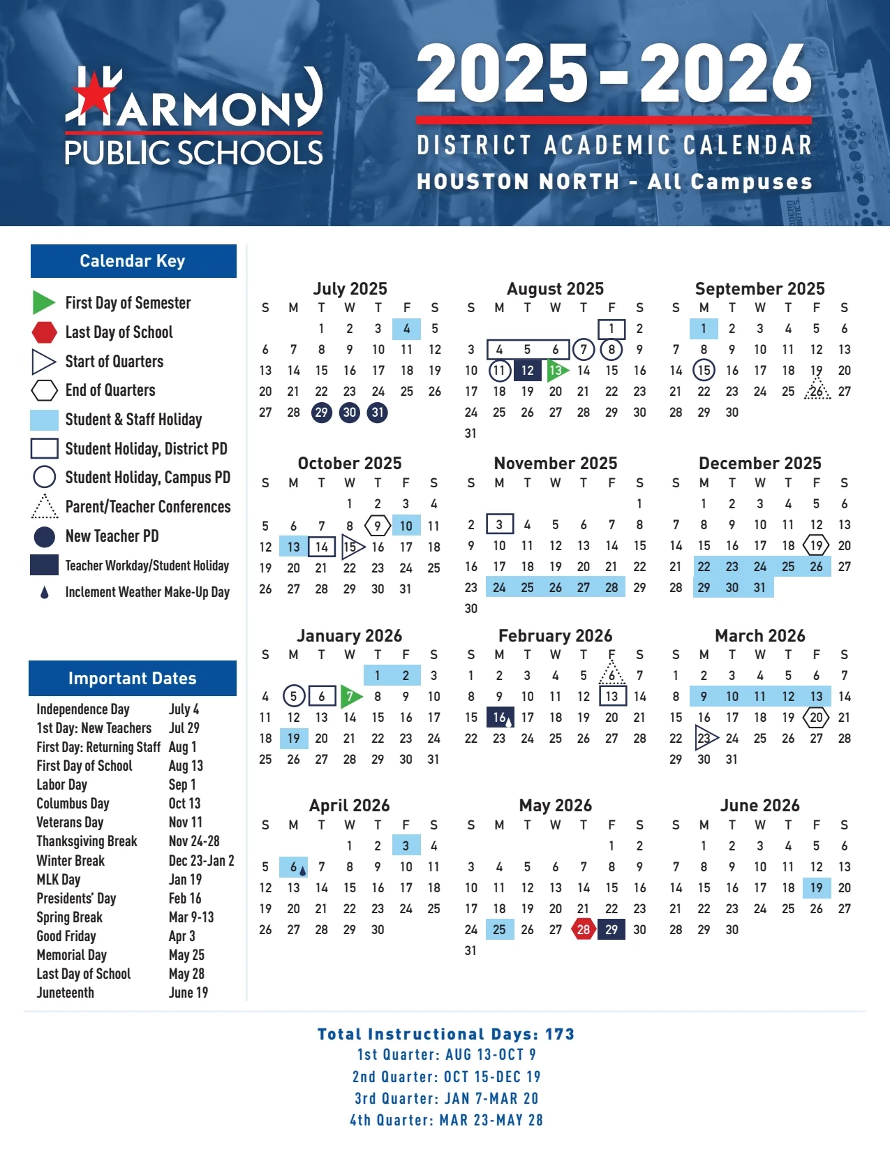 Calendar Harmony Science Academy Cypress