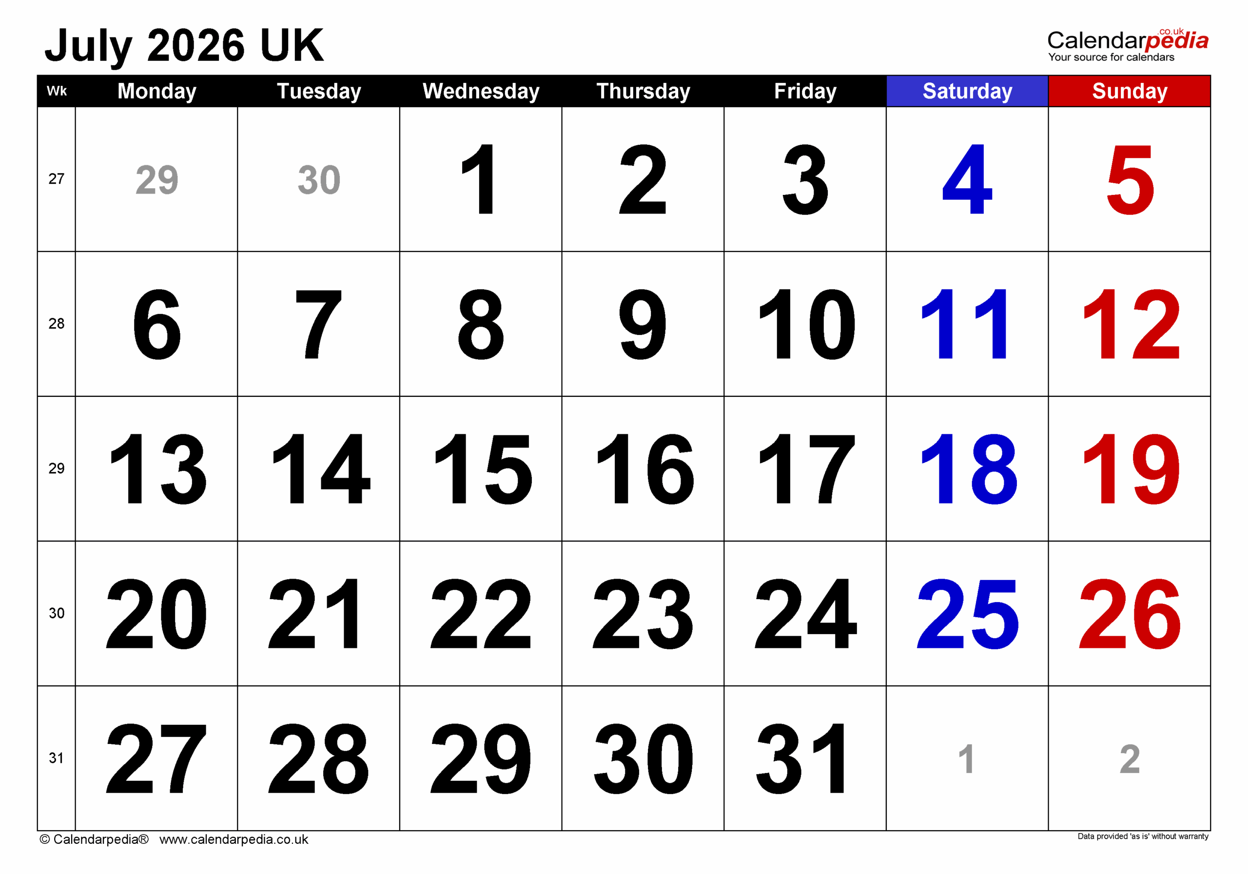 Blank July Calendar 2026
