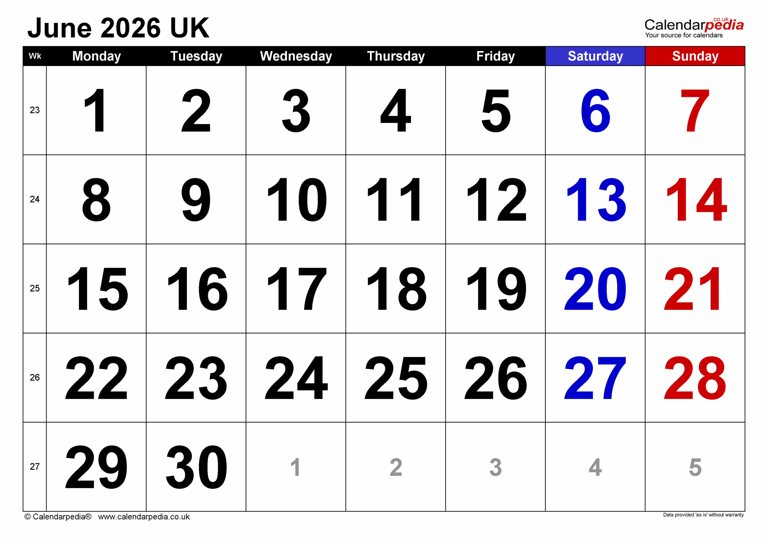 June 2026 Calendar Page Printable