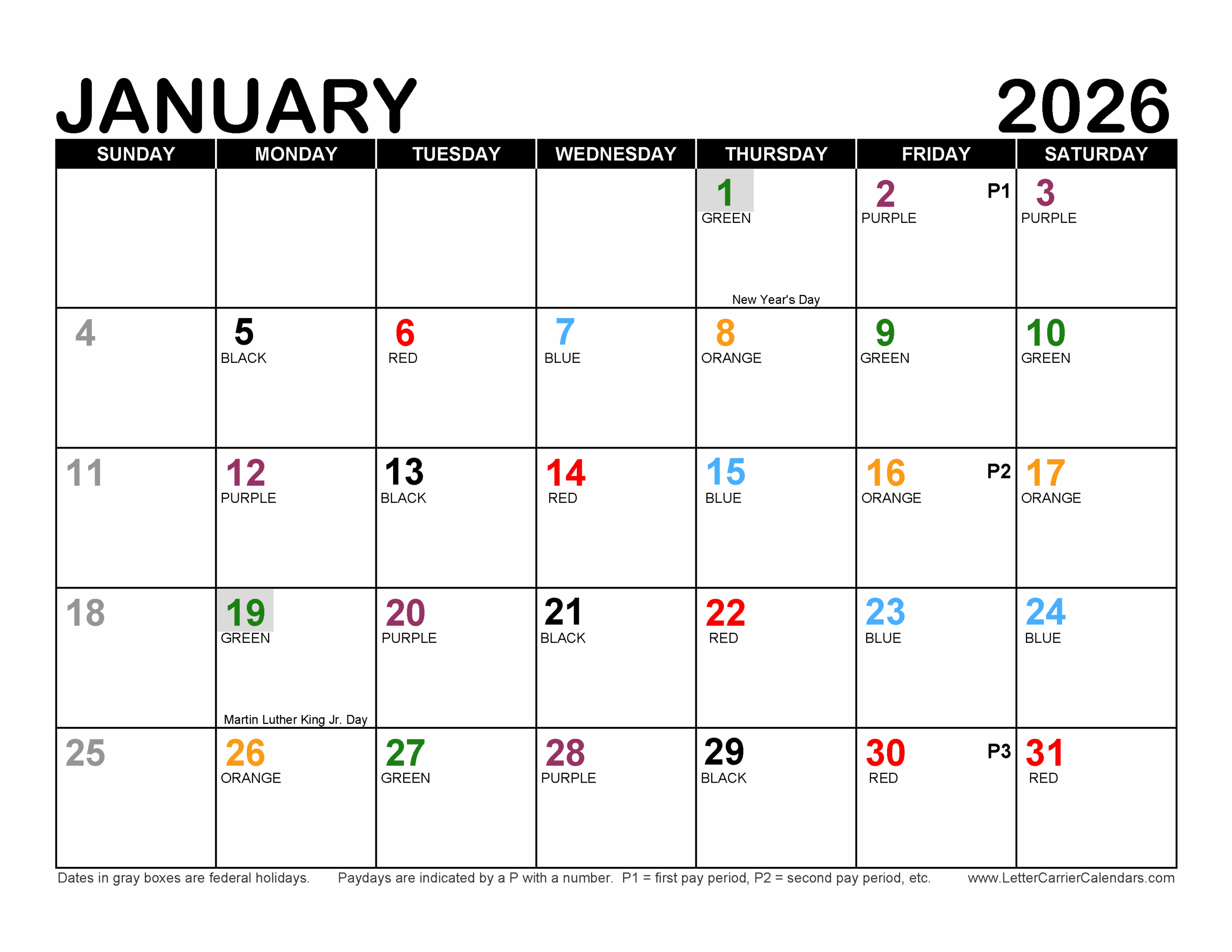 2026 Postal Payday And Holiday Calendar Printable
