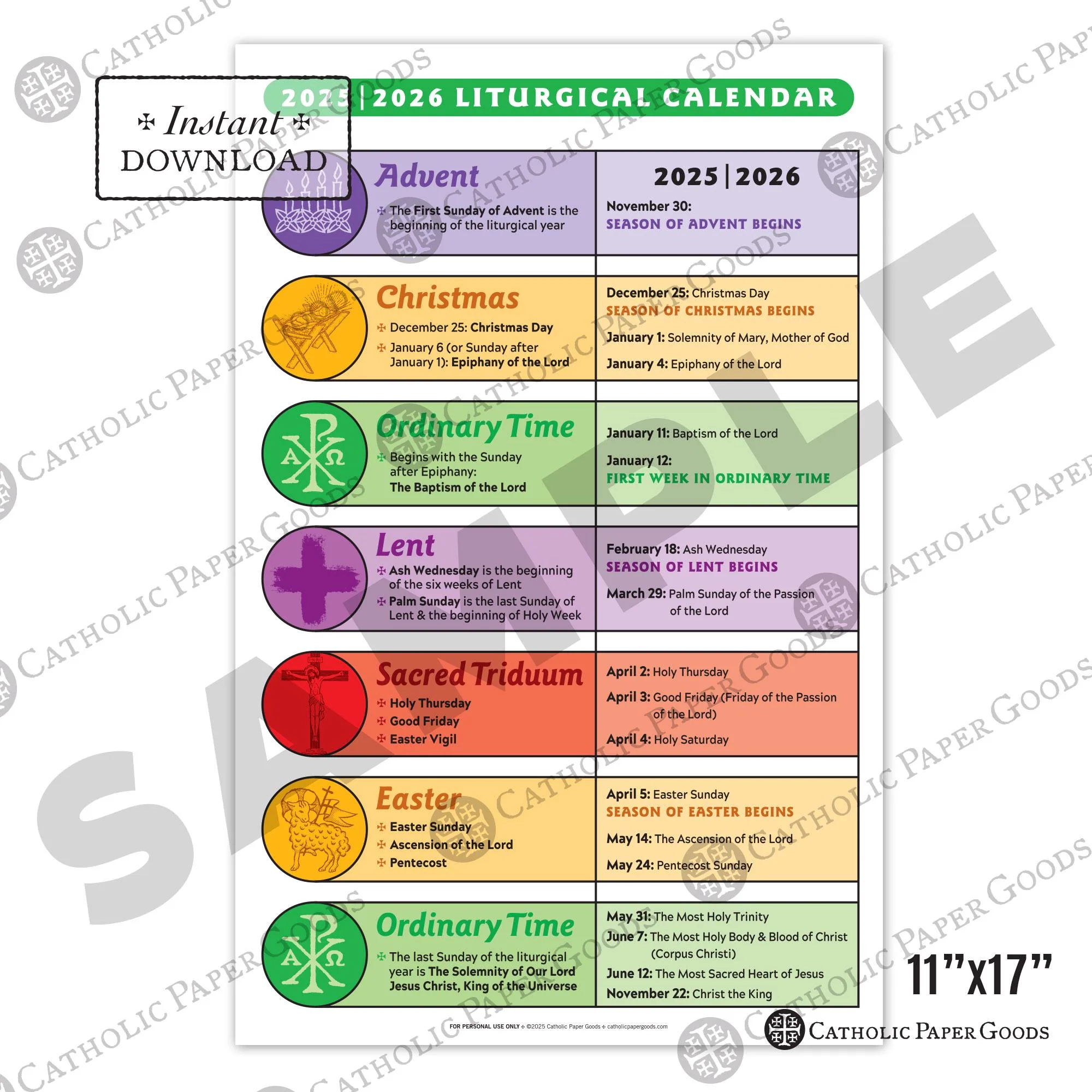 Catholic Liturgical Calendar 2025 26 11x17 Color Poster Digital 