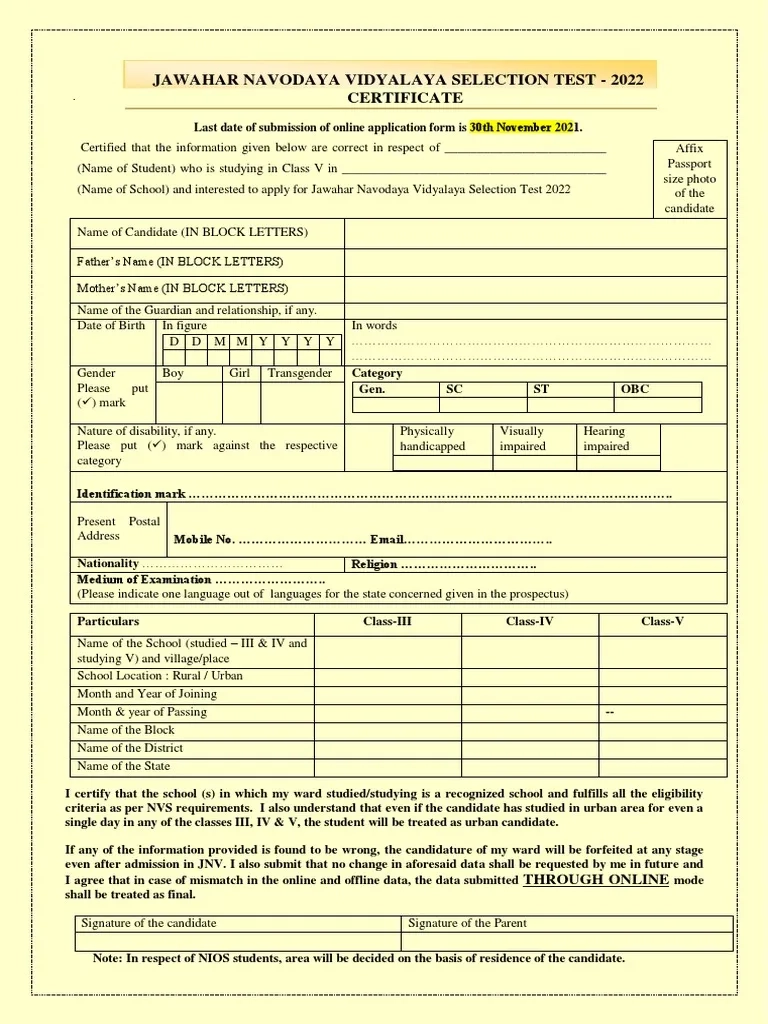 Navodaya Registration Form 2026 Class 6
