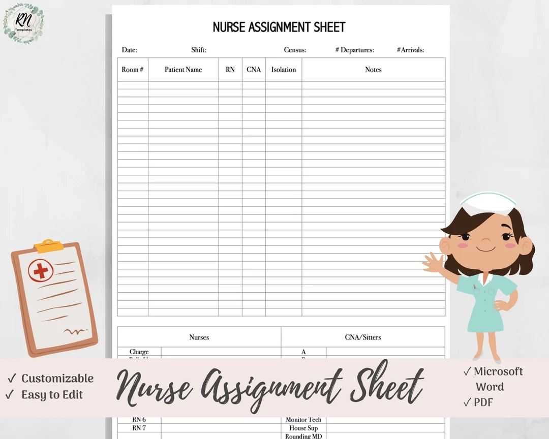 Charge Nurse Assignment Sheet Vertical Template RN amp CNA 