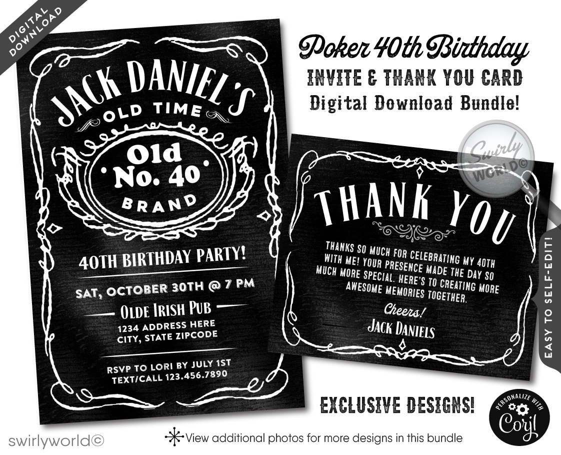 Cheers For Forty Years Jack Daniel s Whiskey Label Digital 40th Birthday Invitations For Guys