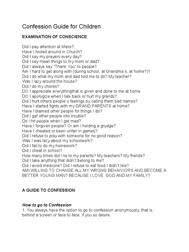 Examination Of Conscience For Kids Printable