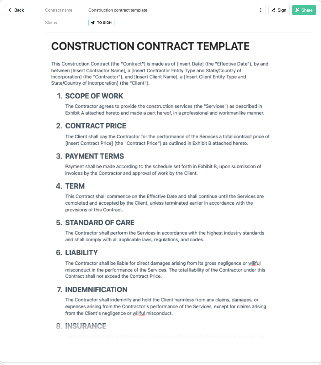 Printable Construction Contract Template