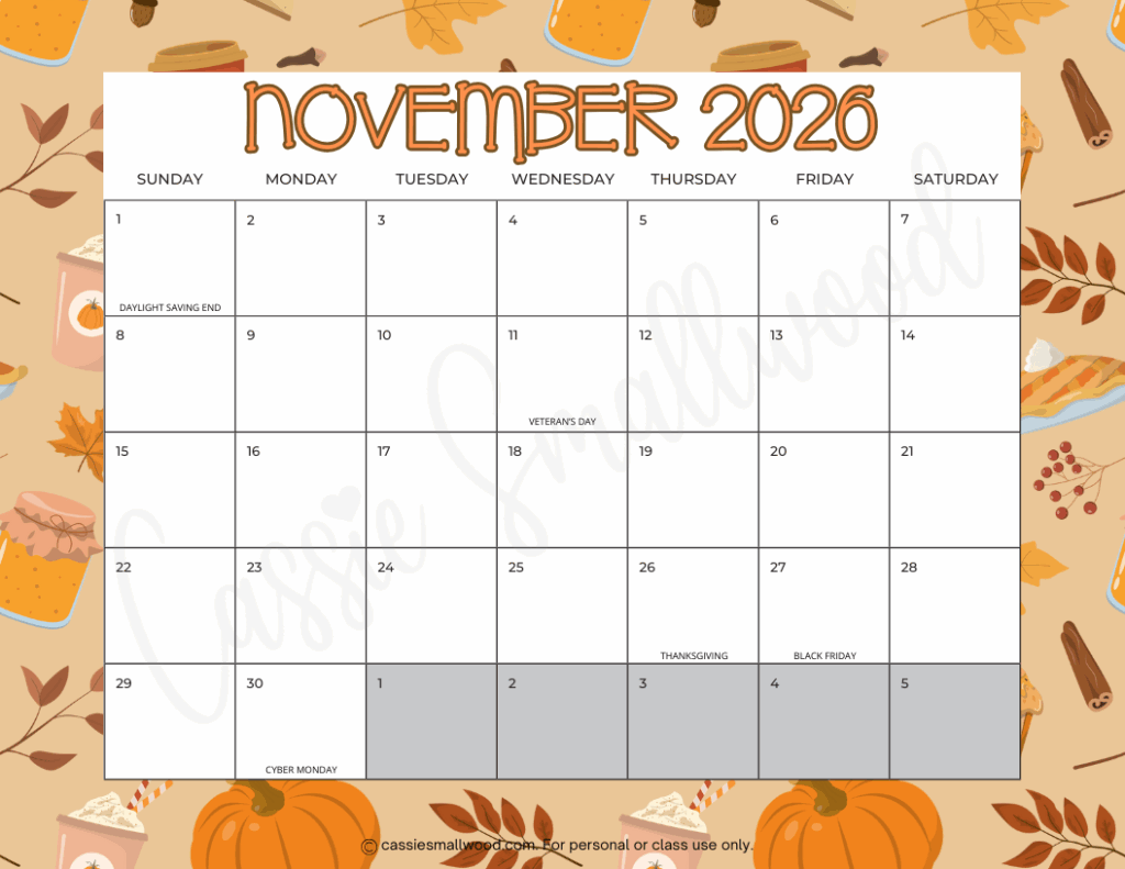 November 2026 Calendar Template Free