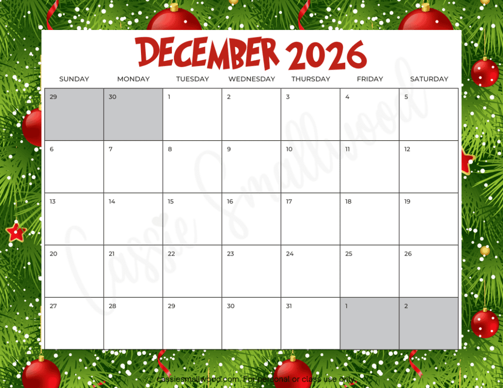 December 2026 Free Printable Calendar