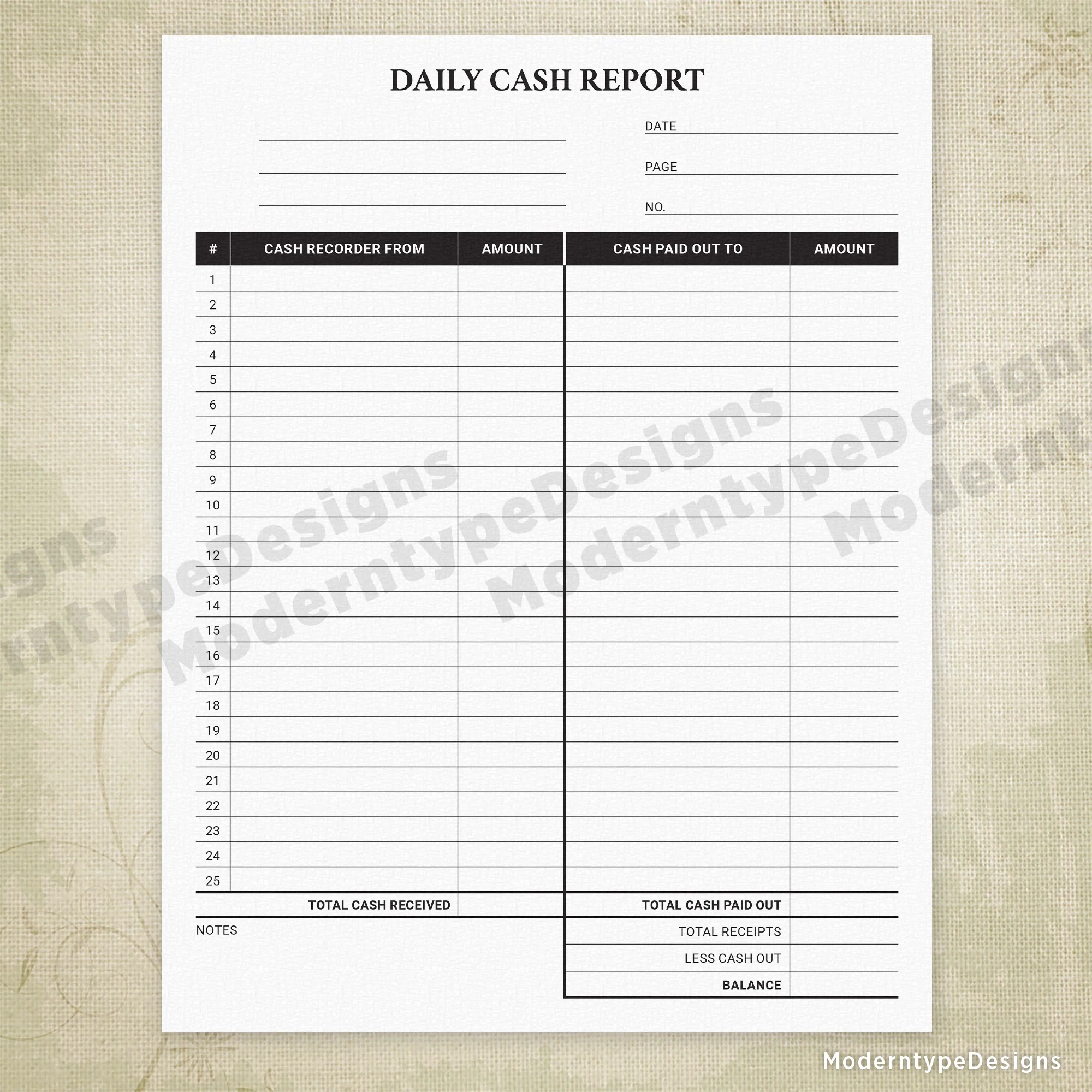 Daily Cash Report Printable Form
