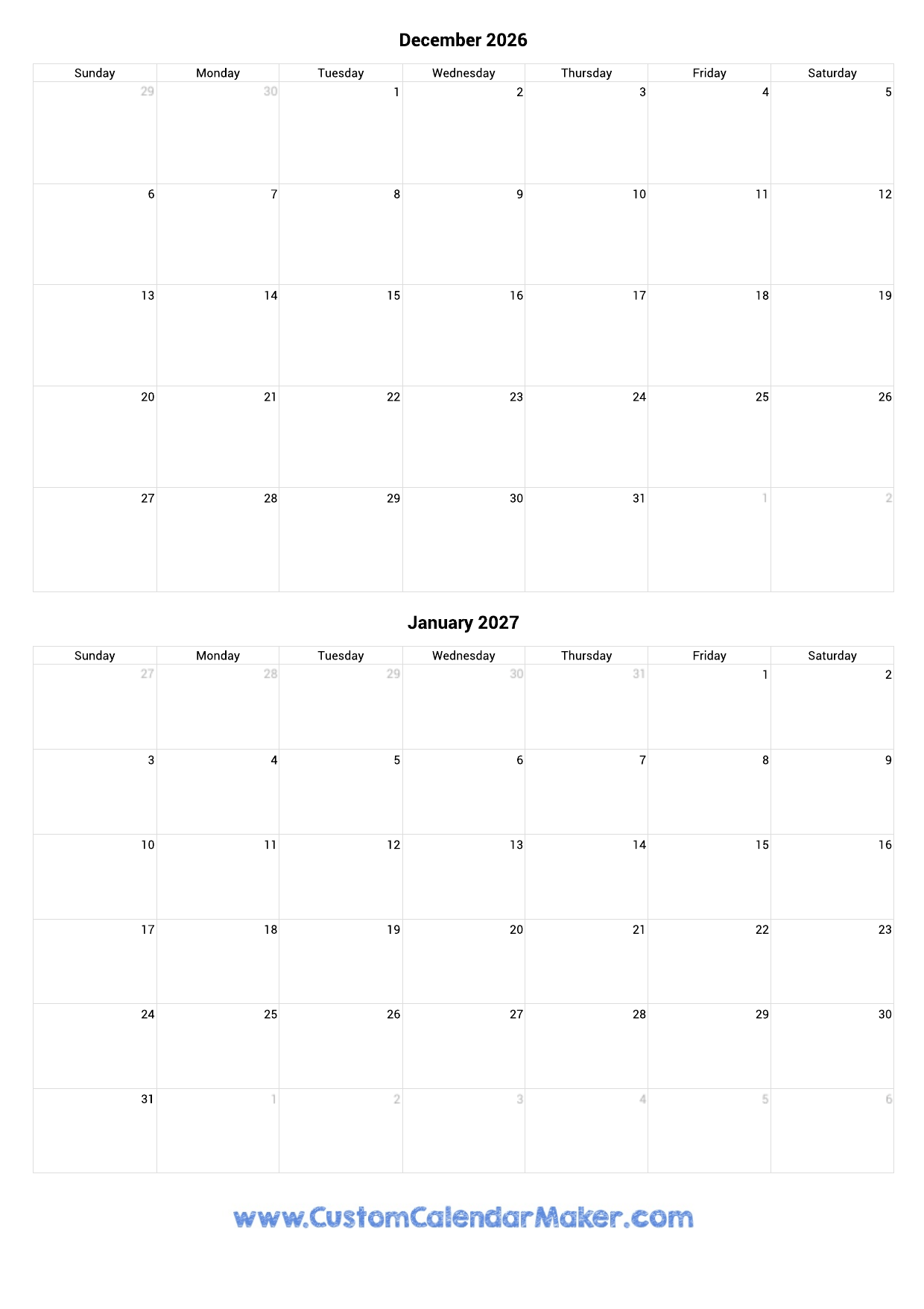 Printable Calendar January December 2026