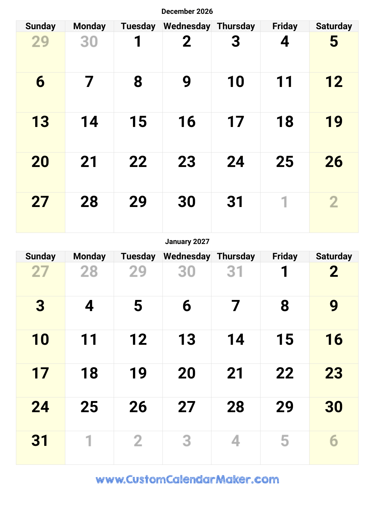 Printable Large December 2026 Calendar
