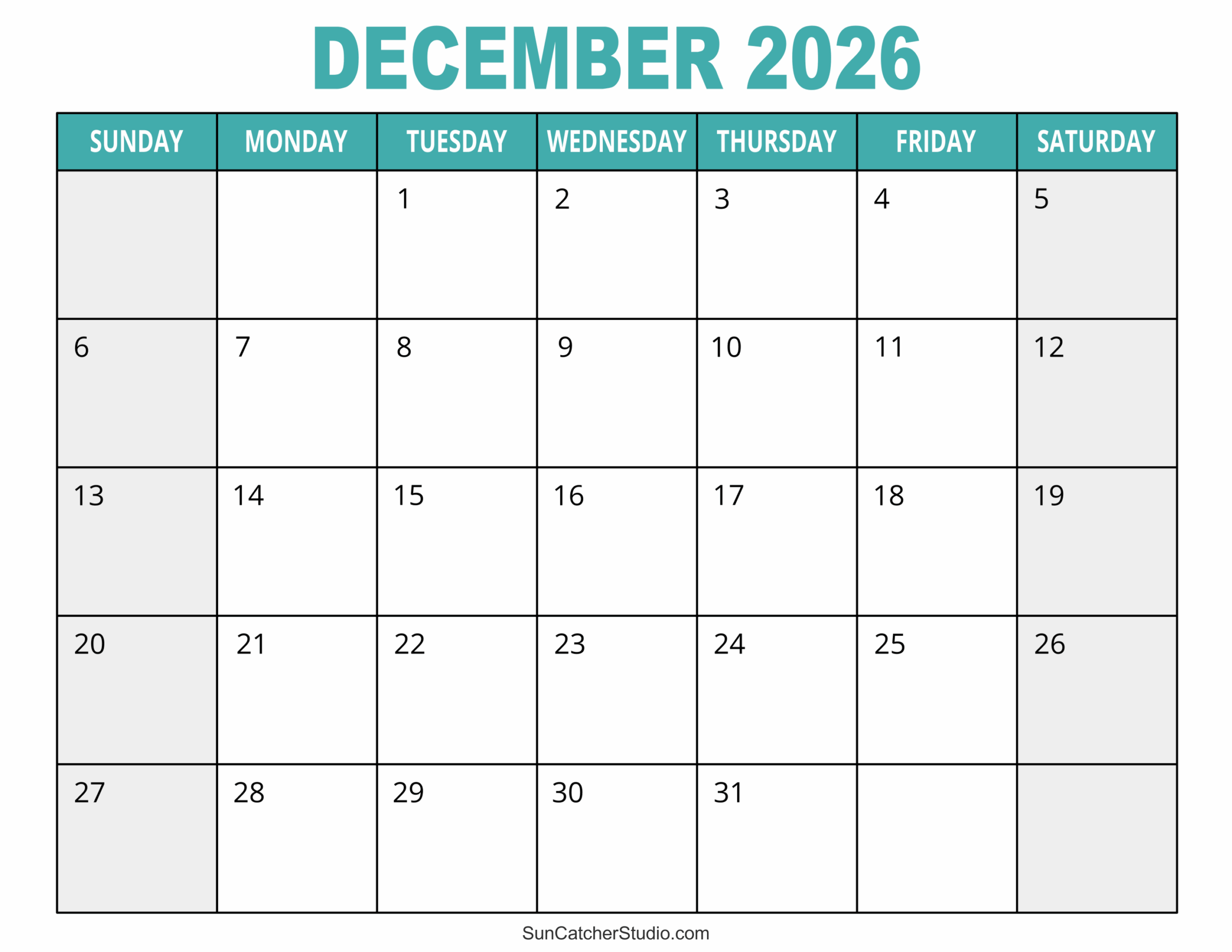 Free Printable Blank December 2026 Calendar