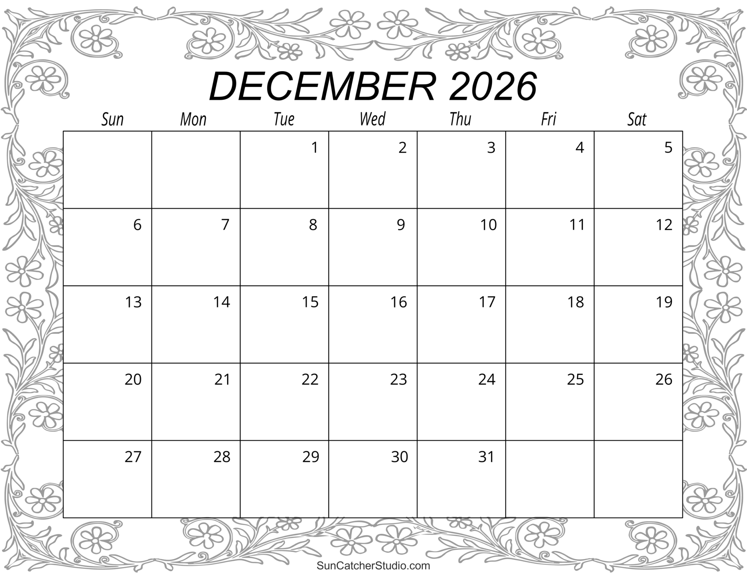 Printable Calendar December 2026 Kawaii