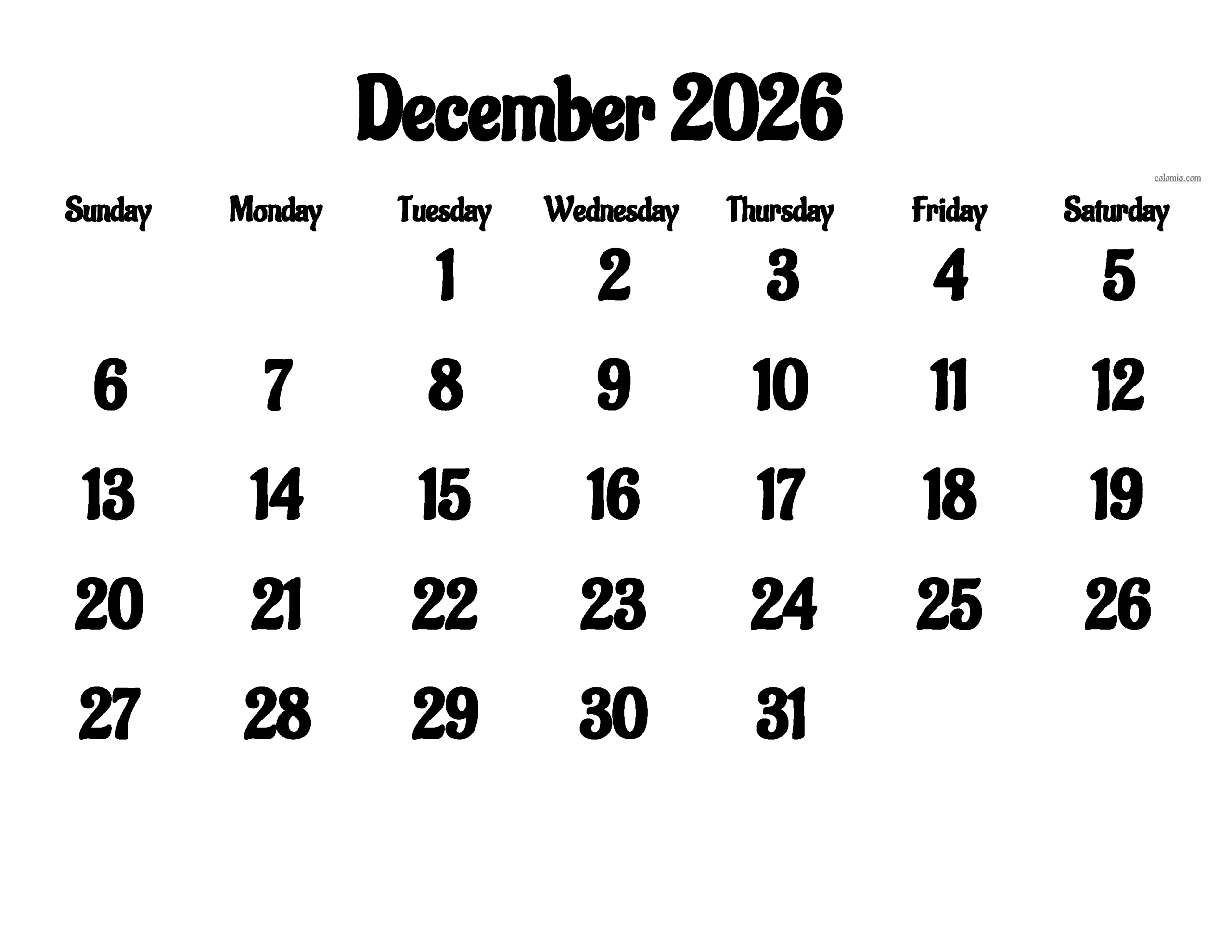 Calendar December 2026 Printable Weekly