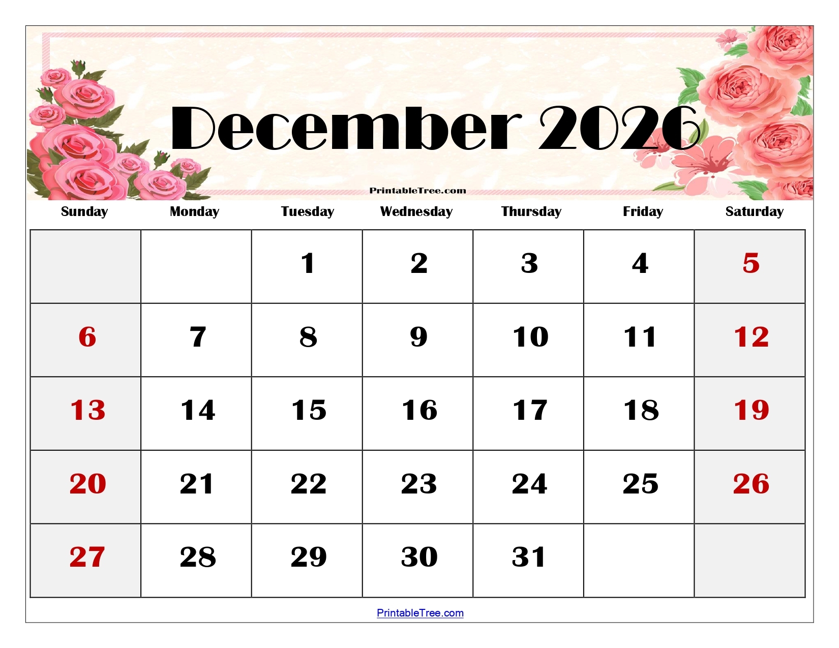 A Printable Calendar December 2026