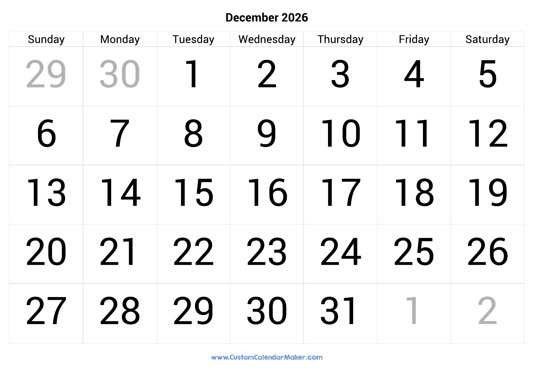 December 2026 Calendar Printable With Large Numbers Custom 