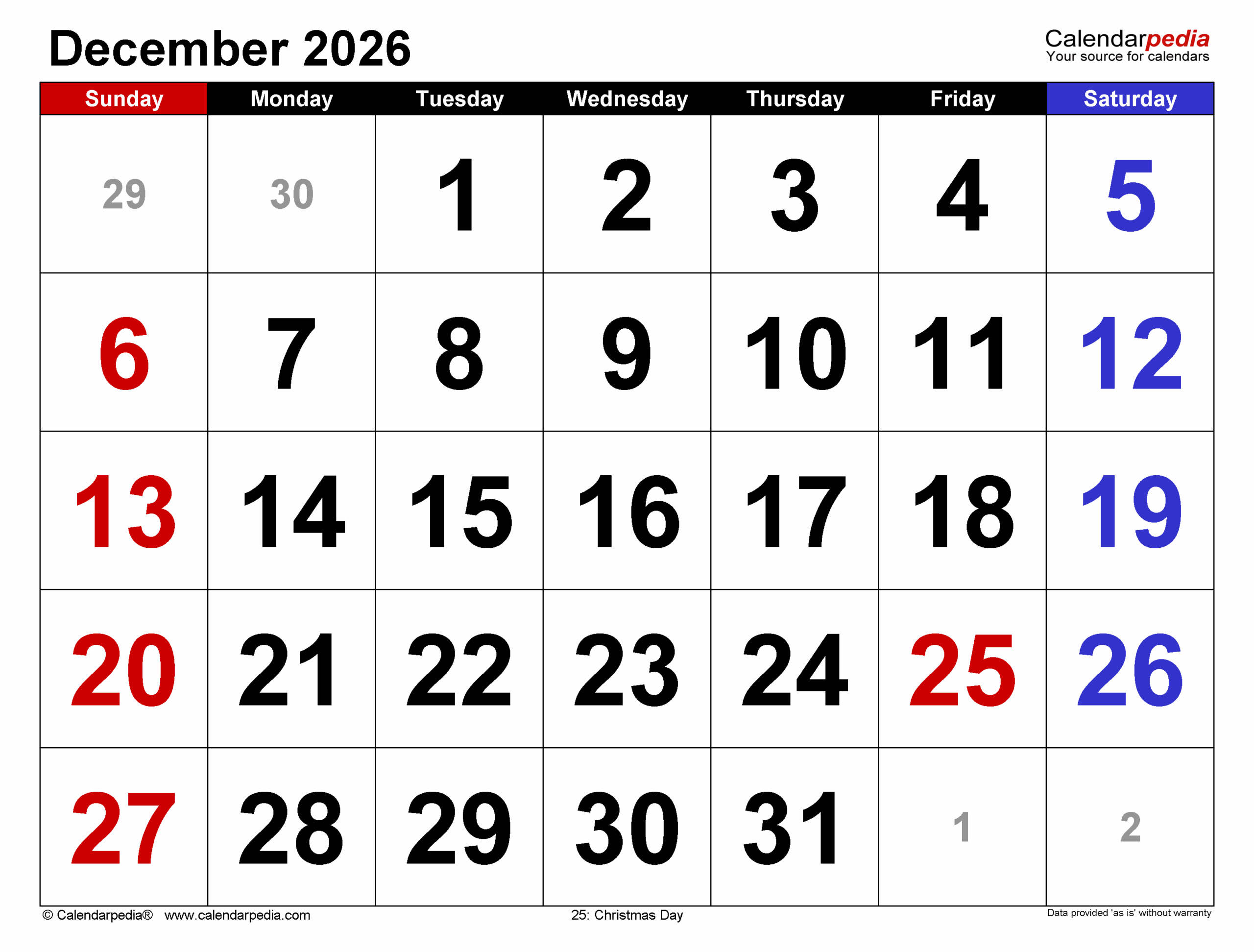 Free December 2026 Daily Calendar Printable