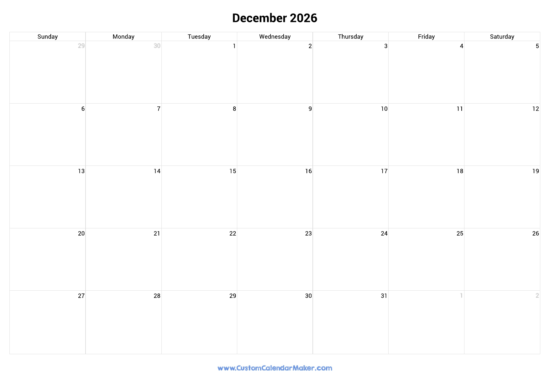 December 2026 Landscape Calendar With Large Boxes Custom 