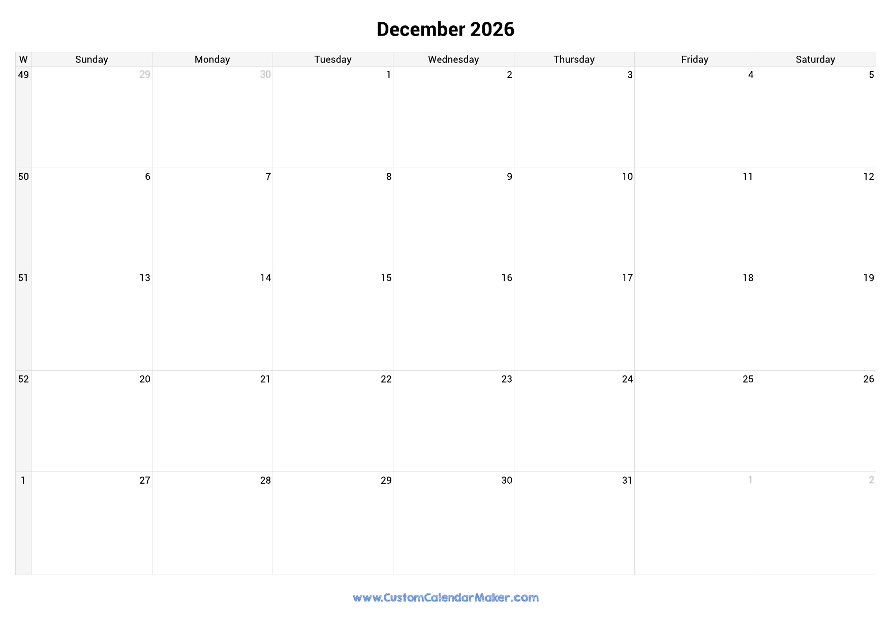 December 2026 Printable Calendar With Week Numbers Custom 