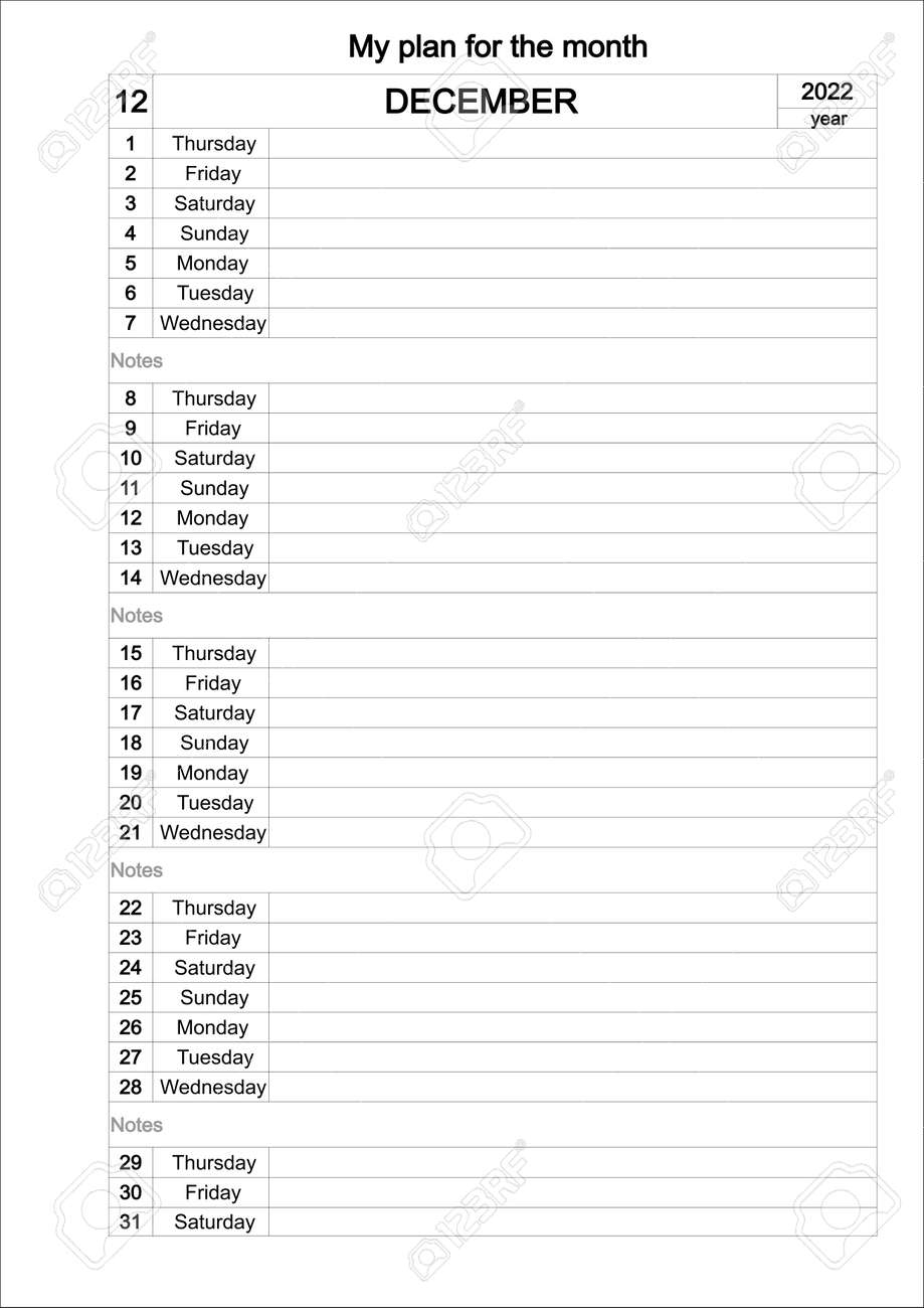 December Calendar Template Of 2022 Year Monthly Calendar Daily 