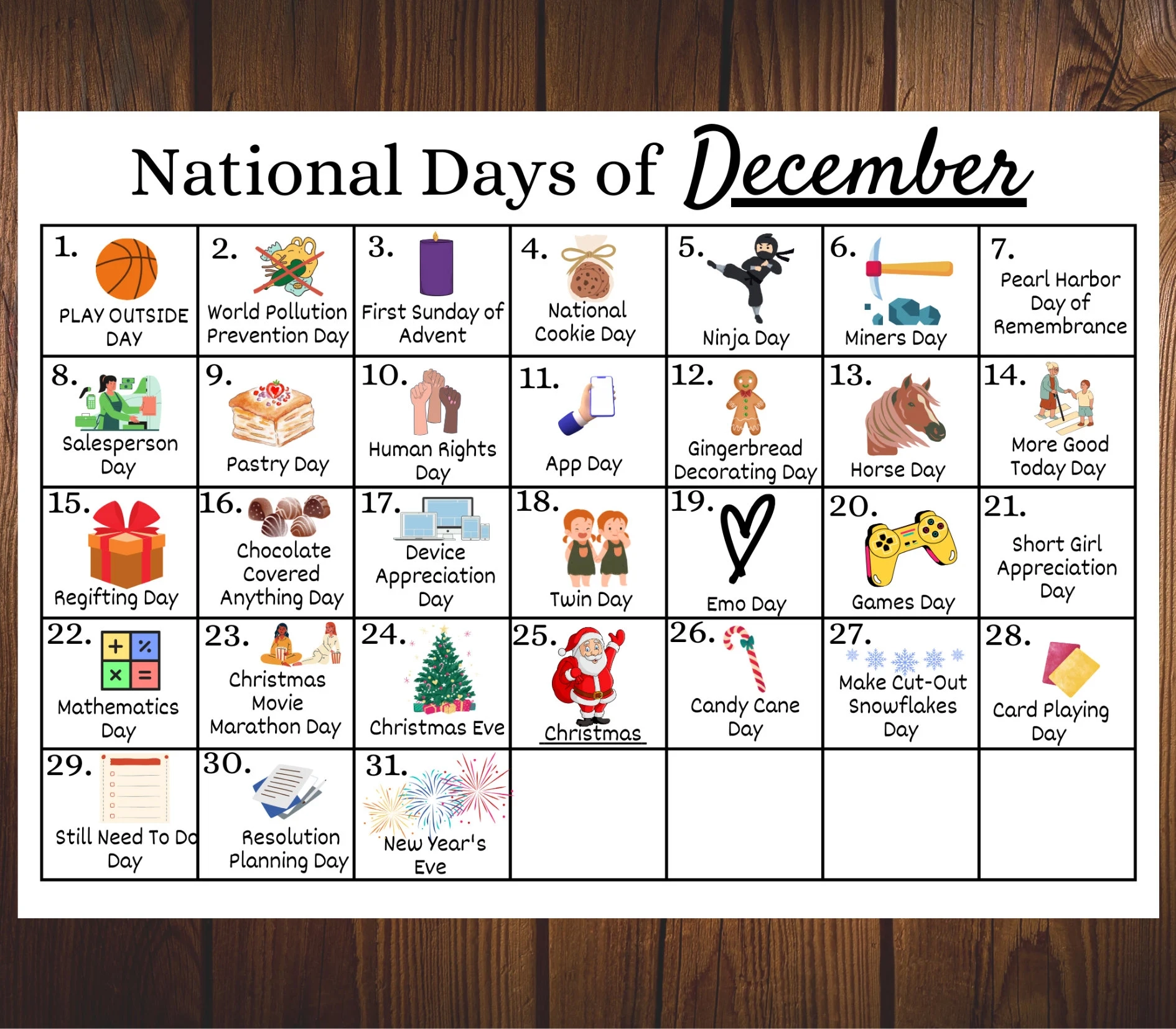 December Daily Holiday Calendar Printable December National Days 