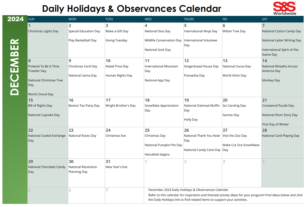 December Daily Holidays amp Observances Printable Calendar S amp S Blog