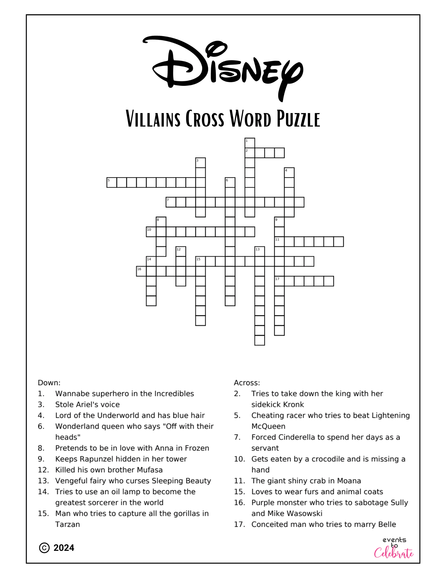 Printable Crossword Puzzles Movies