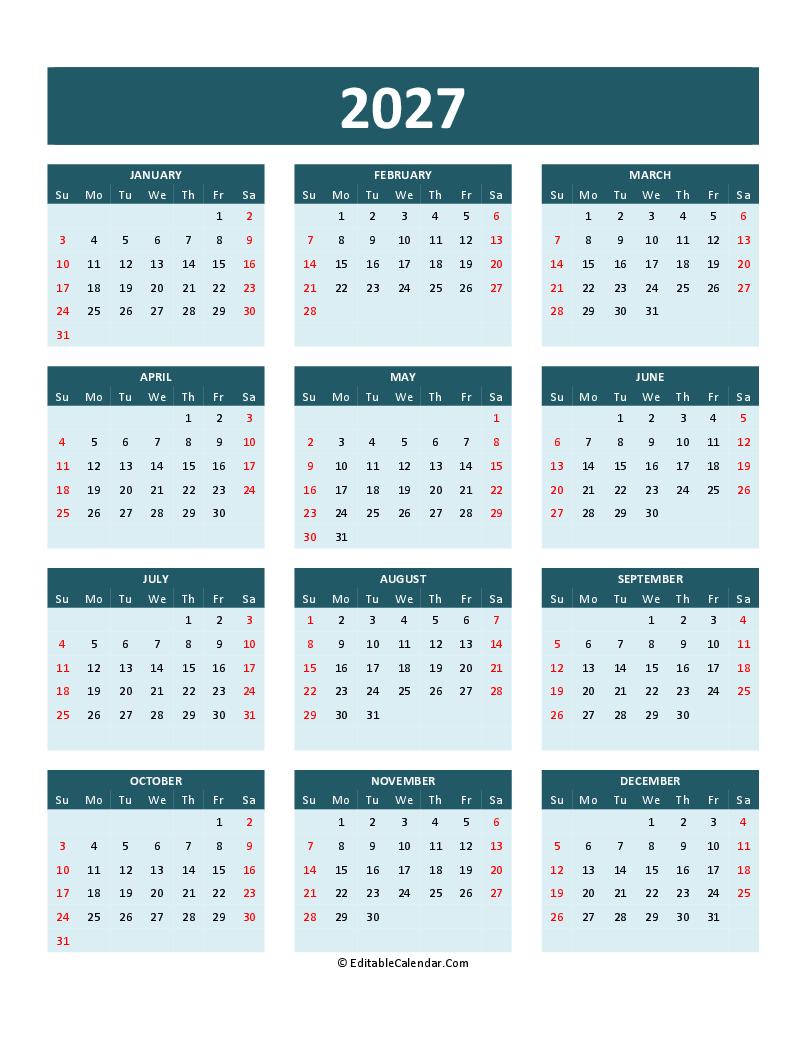 2026 Calendar 2027 Printable Word