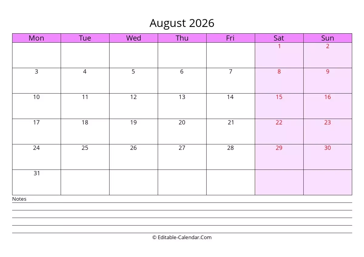 Blank August 2026 Calendar Monday Start