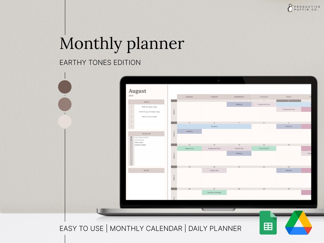 Earth Tones Monthly Planner Template Google Sheets digital 