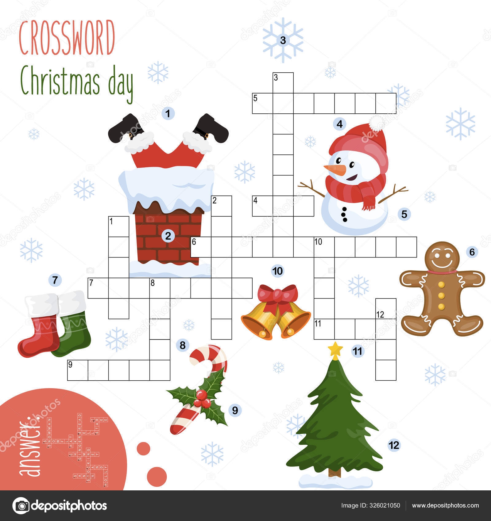 Easy Crossword Puzzle Christmas Day Children Elementary Middle 