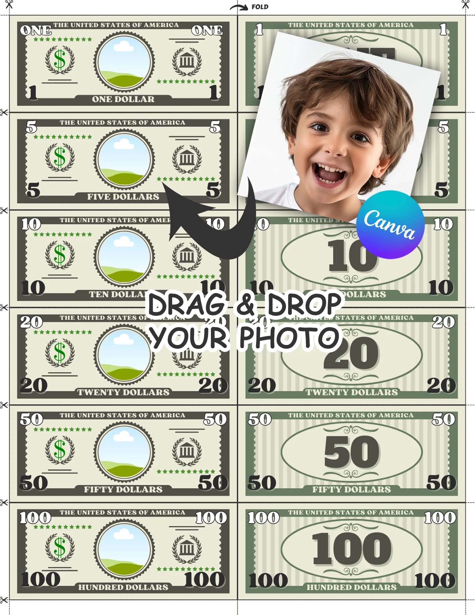 Editable Personalized Play Money Template For Kids Custom Dollar Bills With Your Photo For Canva Users Printable PDF That Fits Letter A4