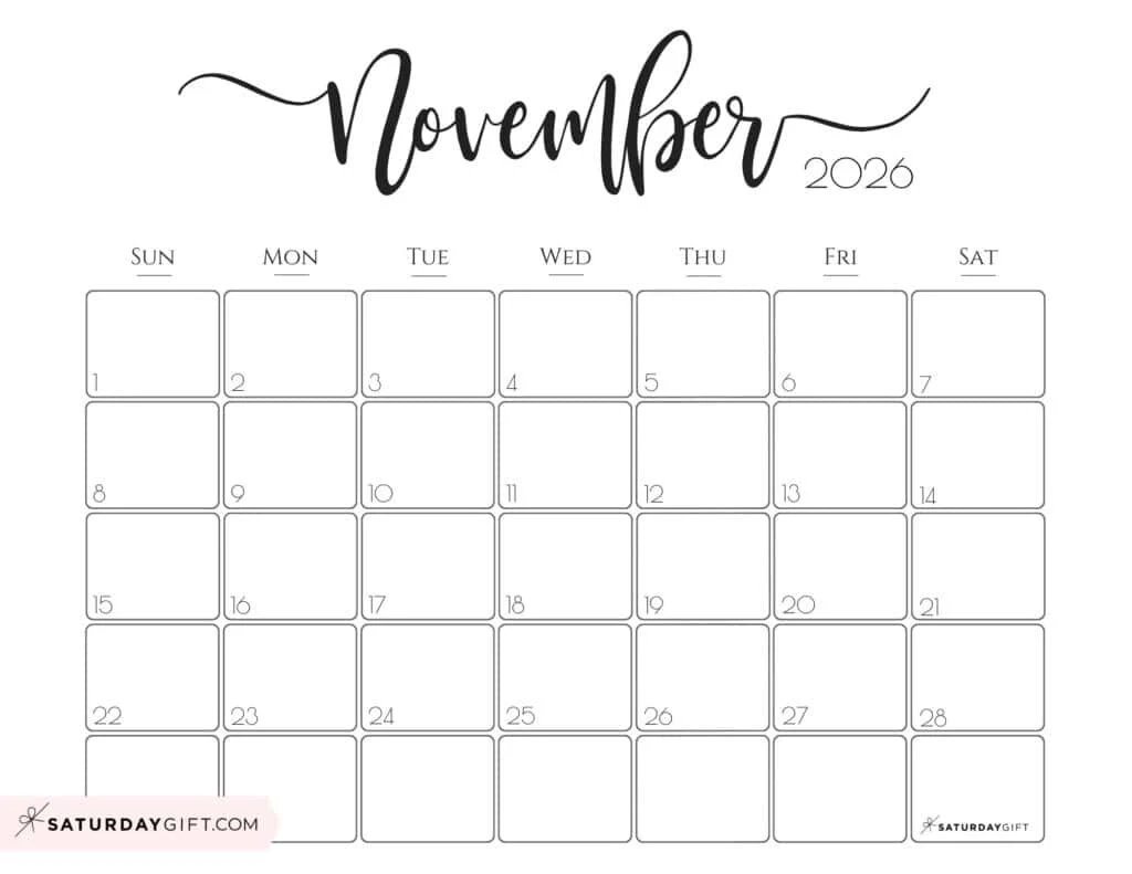 Elegant Printable Calendar 2026 By SaturdayGift Readers Favorite 