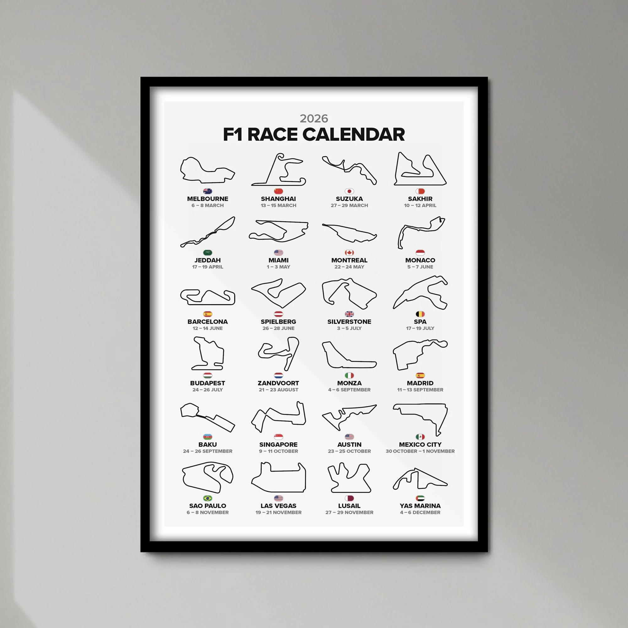 F1 2026 Wall Calendar Print Formula One Grand Prix Poster Birthday Christmas Gift For Motor Racing Fan Unframed